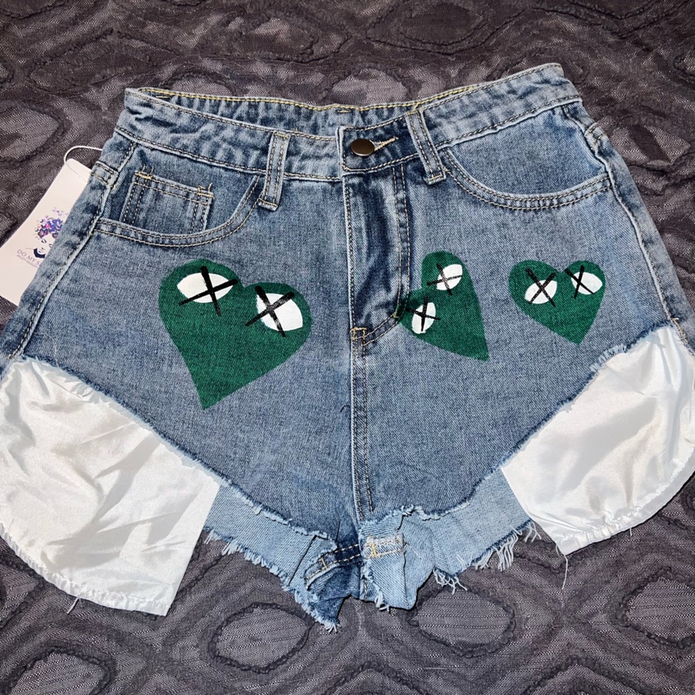 Denim Green Heart Shorts